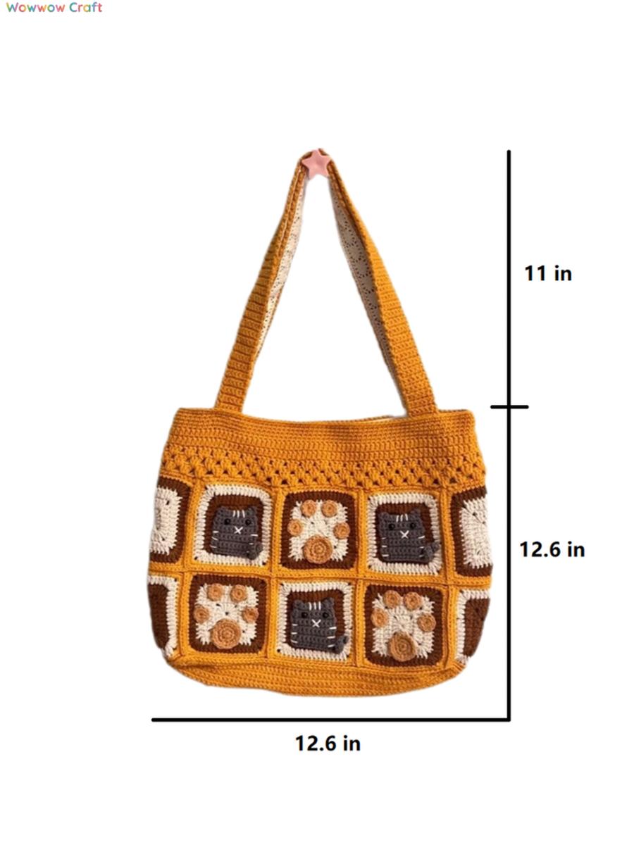 Shoulder Bags,Totes,Handmade Crochet Bags,Dark Yellow Flowers Embroidery Granny Square Tote crocheted with Snow Fairy Yarn - High quality handmade crocheted shoulder bag